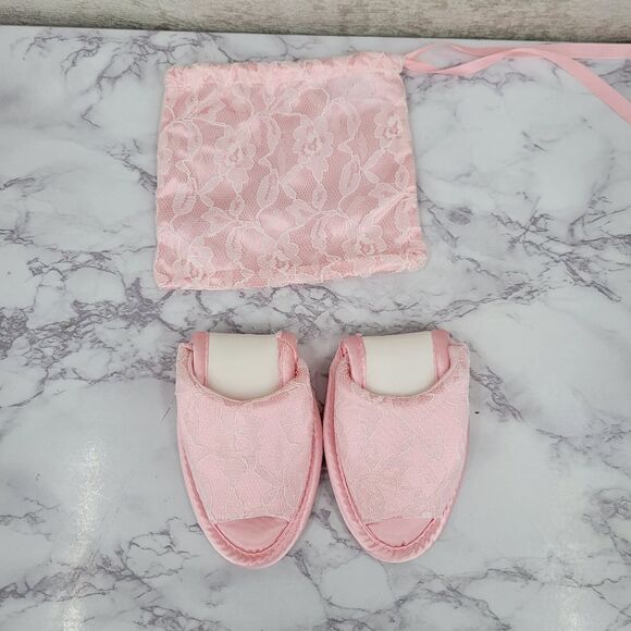 Vintage Pink Satin and Lace Women's House Slippers 60s Peep Toe - Picture 6 of 9